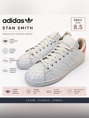 Adidas Stan Smith Quilted Leather Sneakers | White/Pink | Men’s Size 8.5